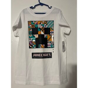 Minecraft Girls White Graphic Tee Creeper Pixel Art Shirt Size M 10-12‎ NWT
